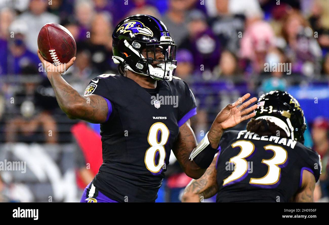 Baltimore, United States. 11th Oct, 2021. Baltimore Ravens quarterback Lamar Jackson (8) passes against the Indianapolis Colts during the first half at M&T Bank Stadium in Baltimore, Maryland, on Monday, October 11, 2021. Photo by David Tulis/UPI Credit: UPI/Alamy Live News Stock Photo