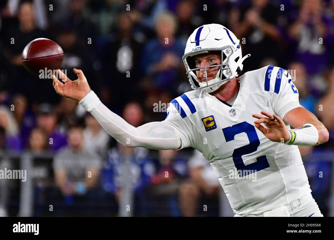 Baltimore, United States. 11th Oct, 2021. Indianapolis Colts quarterback Carson Wentz (2) passes against the Baltimore Ravens during the first half at M&T Bank Stadium in Baltimore, Maryland, on Monday, October 11, 2021. Photo by David Tulis/UPI Credit: UPI/Alamy Live News Stock Photo