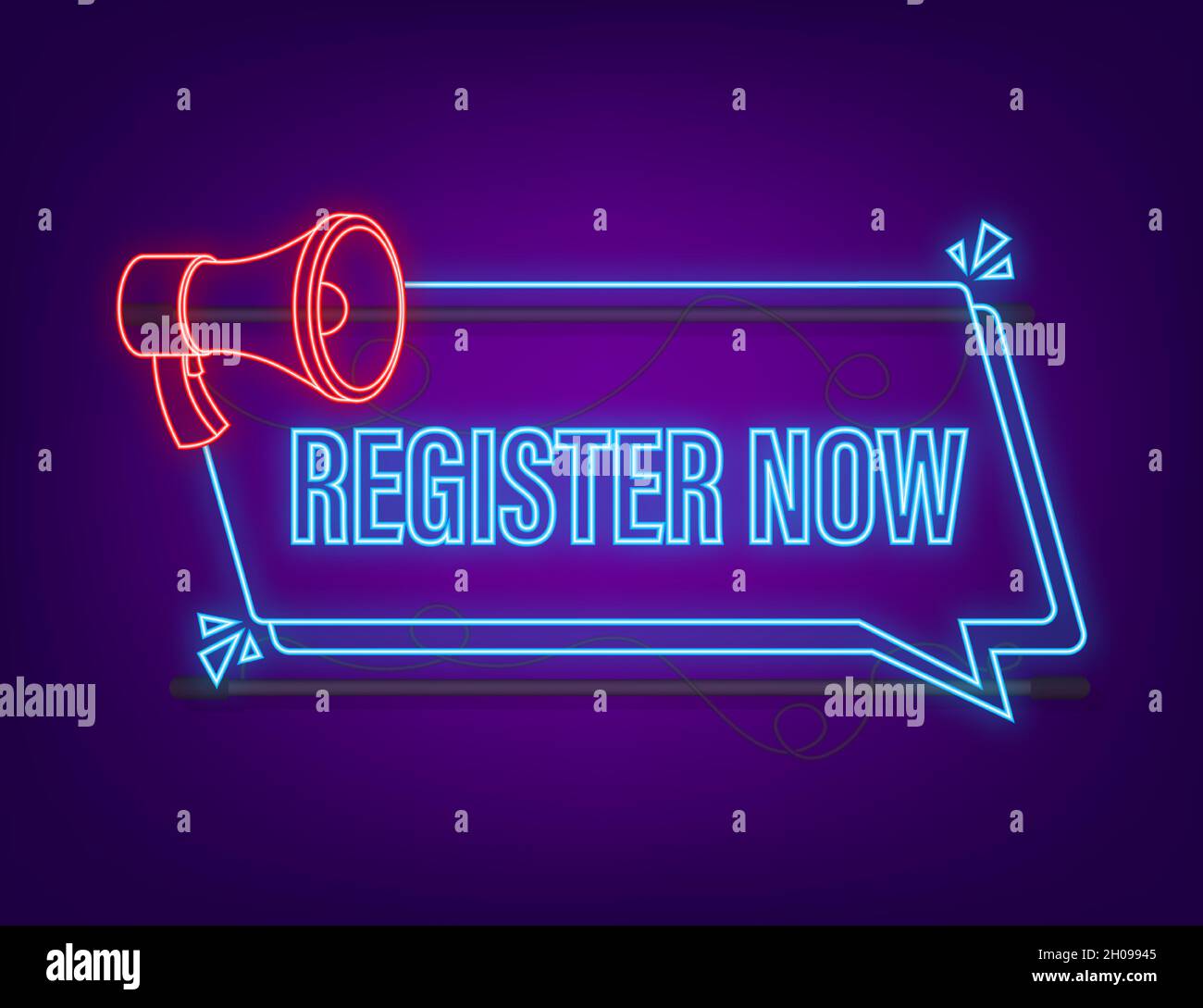 Megaphone label with register now. Neon icon. Web design. Vector stock ...