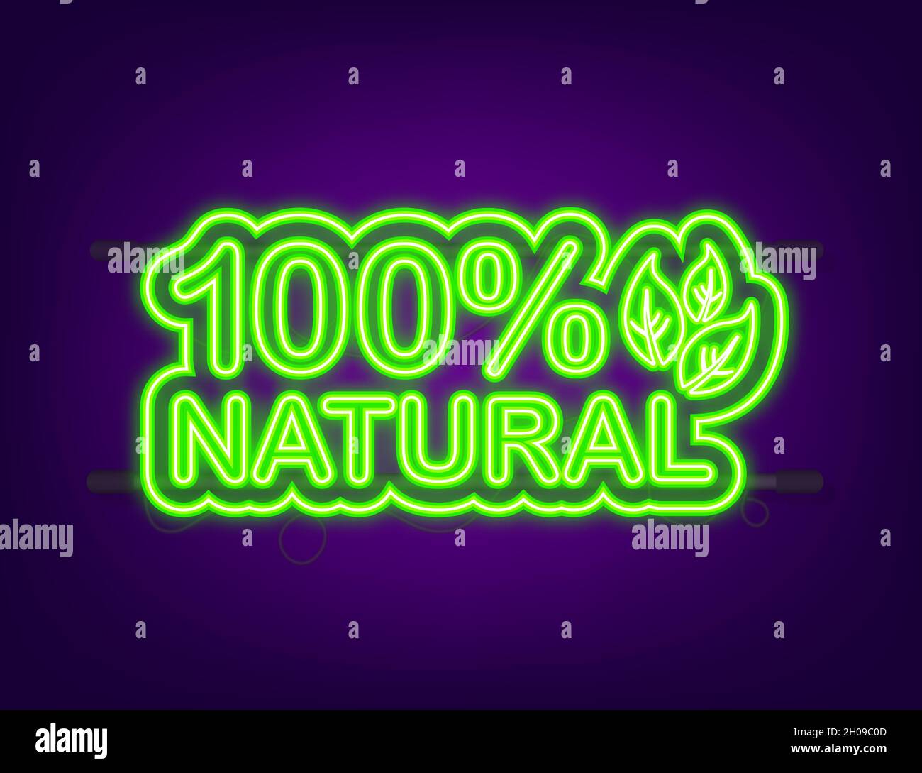 Green 100 natural in neon style. Vegetarian healthy food. Nature, ecology. Vector stock illustration Stock Vector