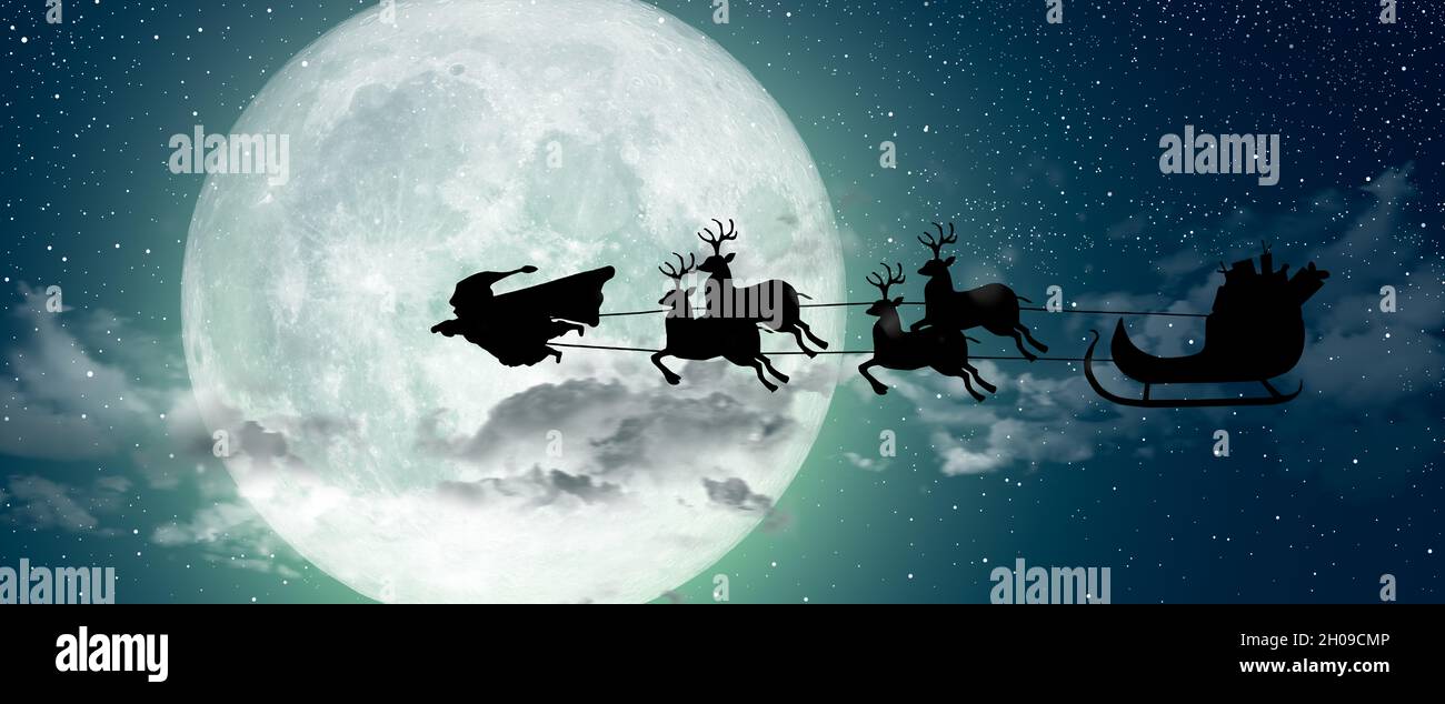 Super Santa Claus Man, a super hero flying over the full moon leading ...