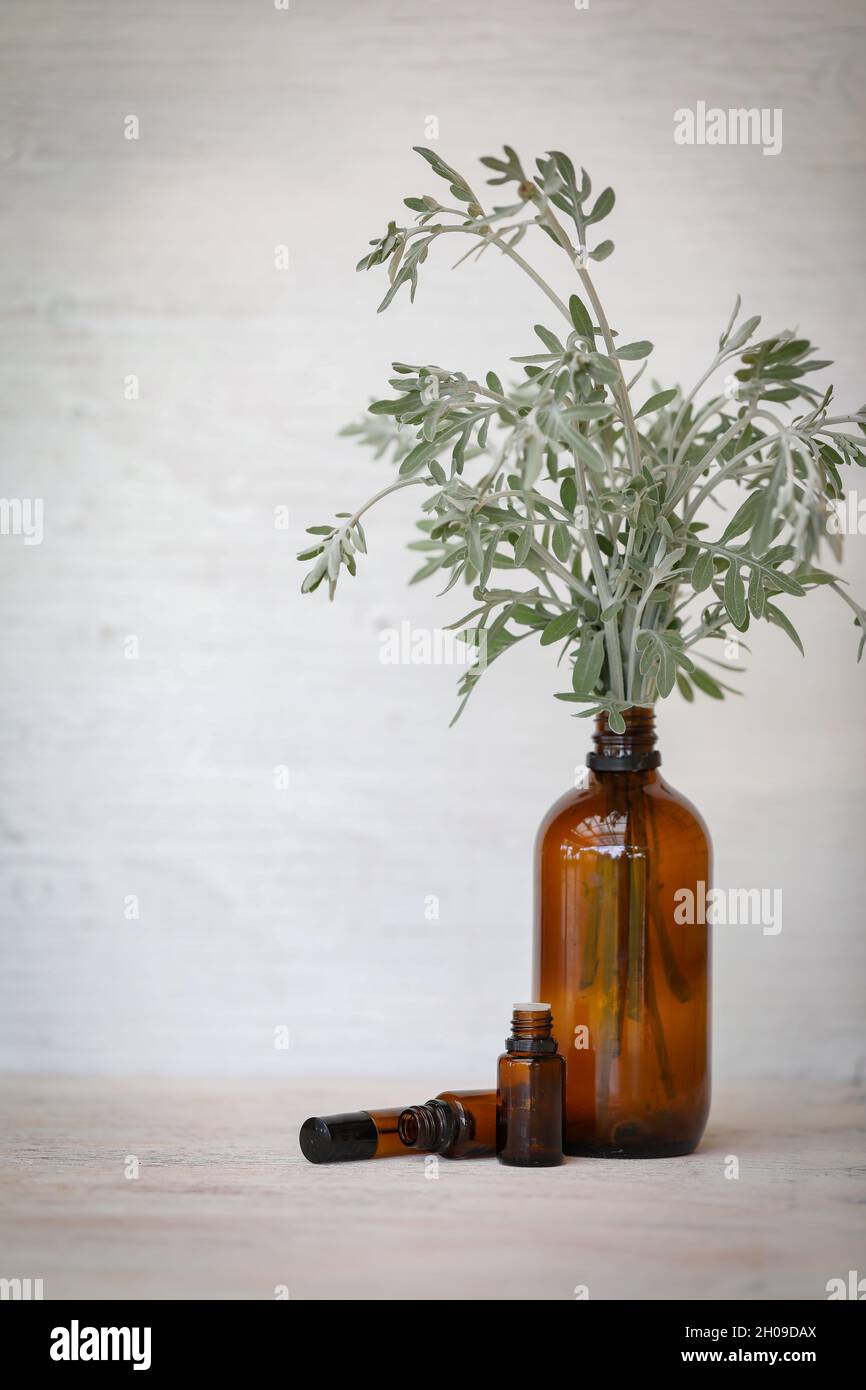 Closeup of small bottles of amber essential oil on a wooden fence under the  sunlight Stock Photo by wirestock
