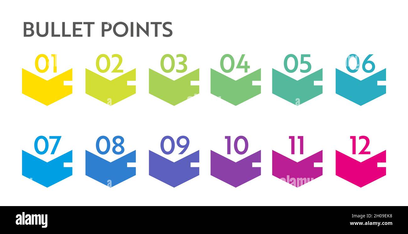 Bullet points numbers. Colorful list markers from 1 to 12. Vector