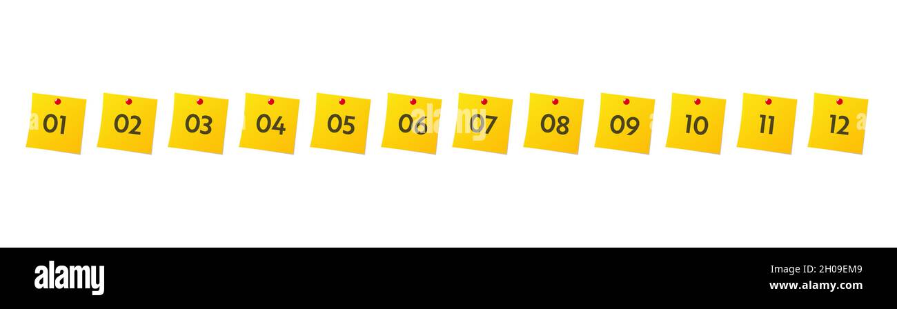 Bullet points numbers. Colorful list markers from 1 to 12. Vector design elements set for modern infographic. Stock Vector