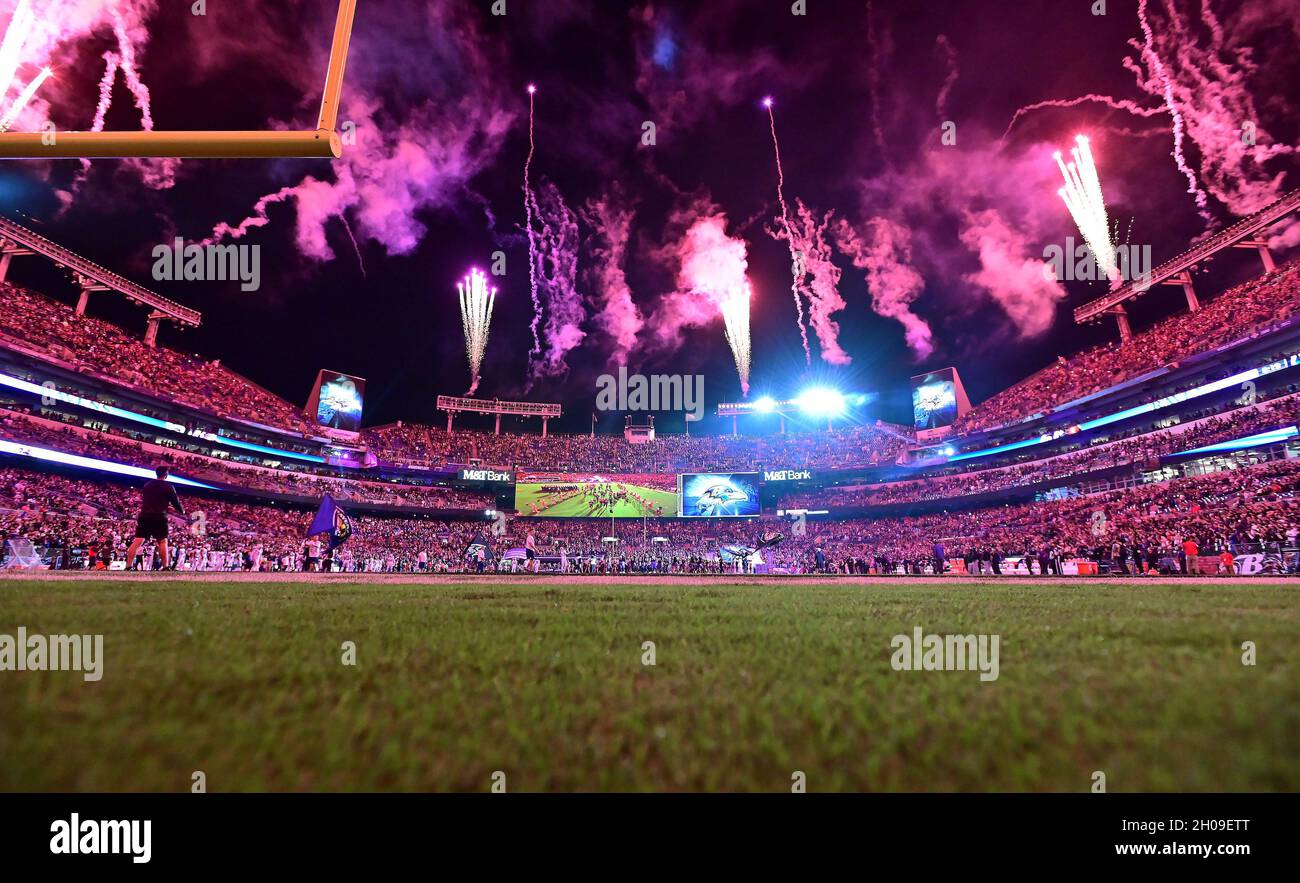 Baltimore, United States. 12th Oct, 2021. Fireworks ignite during Baltimore Ravens introductions against the Indianapolis Colts at M&T Bank Stadium in Baltimore, Maryland, on Monday, October 11, 2021. Photo by David Tulis/UPI Credit: UPI/Alamy Live News Stock Photo