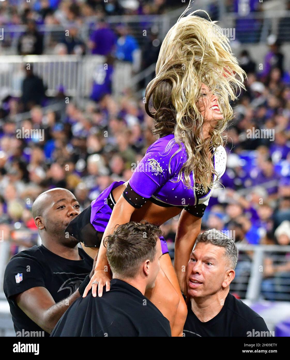 Baltimore, United States. 12th Oct, 2021. Baltimore Ravens cheerleaders perform during the second half at M&T Bank Stadium in Baltimore, Maryland, on Monday, October 11, 2021. The Ravens defeated the Colts 31-25. Photo by David Tulis/UPI Credit: UPI/Alamy Live News Stock Photo