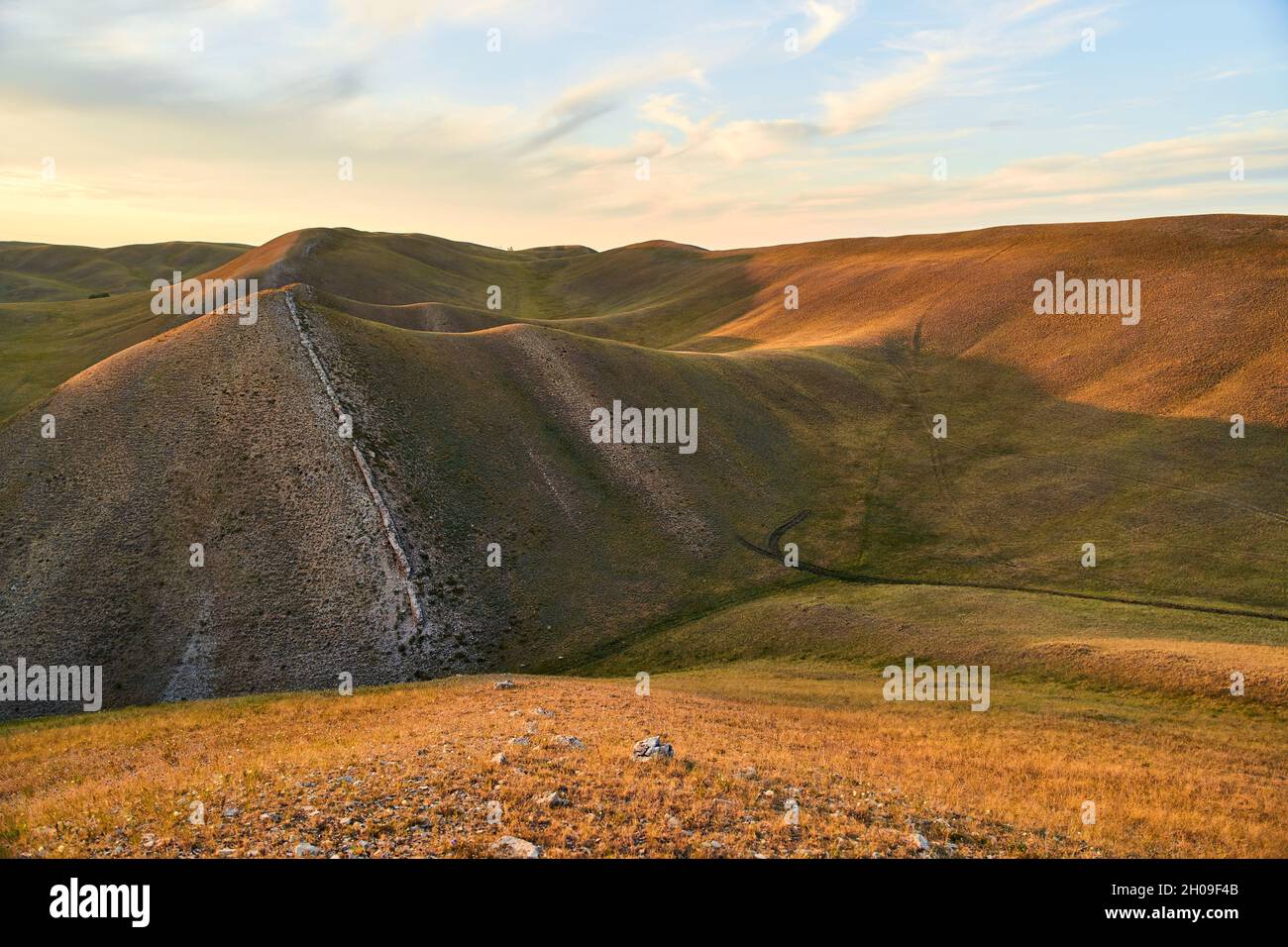 View of the Long Mountains Ridge. The beginning of the Ural mountains. Orenburg region. Stock Photo