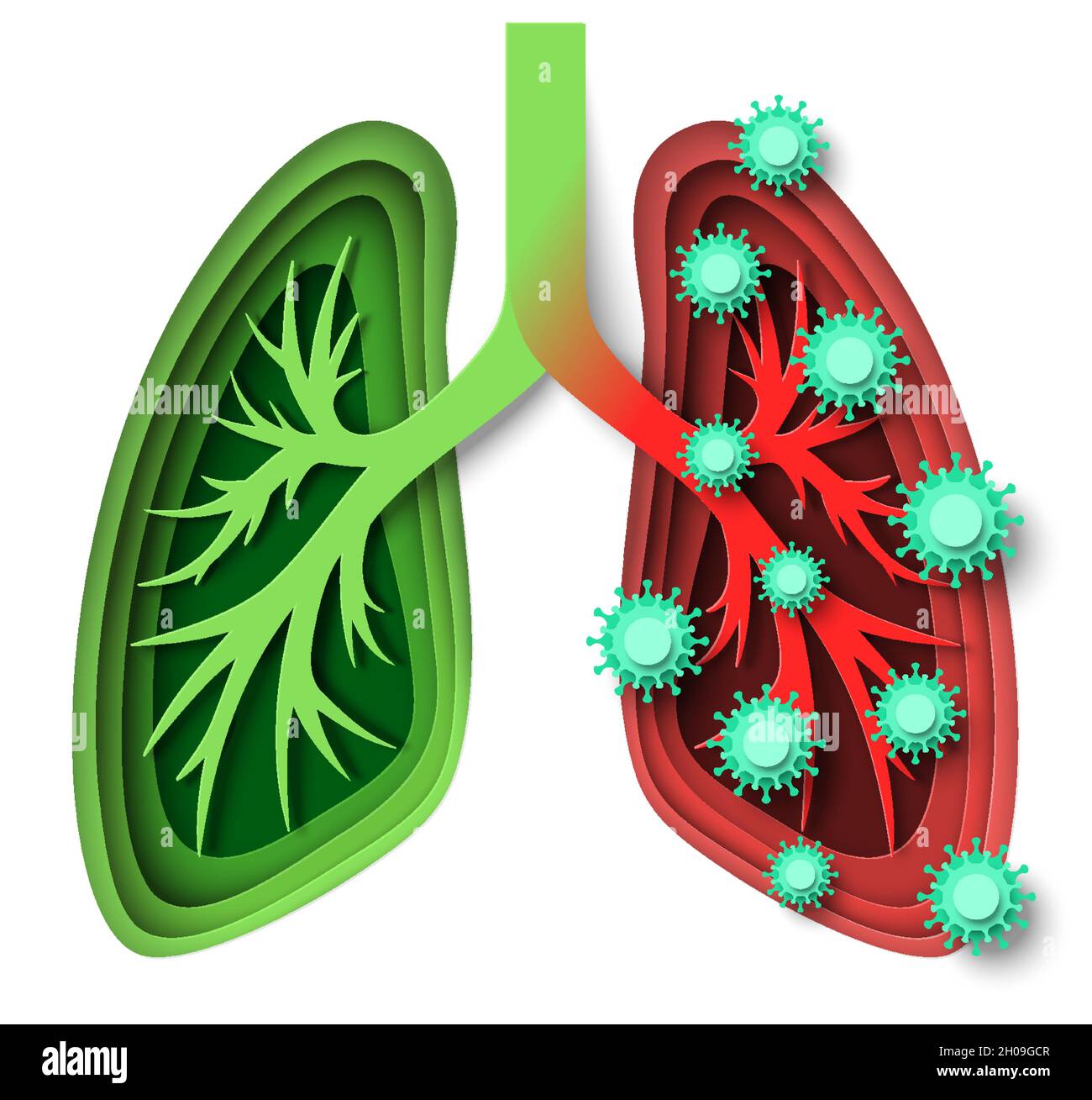 Human lungs healthy and infected with virus, vector paper cut