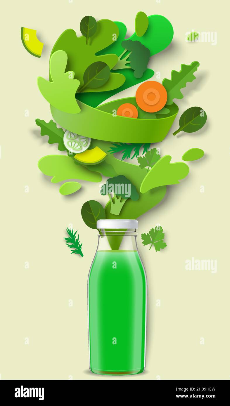 Green juice glass bottle, paper cut fresh vegetables, liquid splash