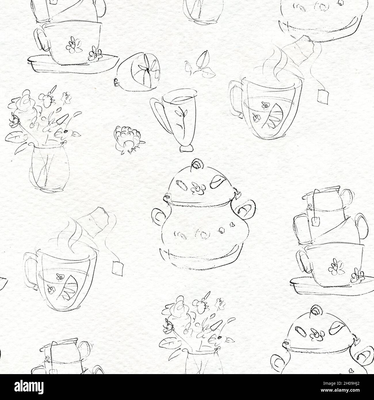 Seamless black and white pattern. Tea drinking illustration Stock Photo ...