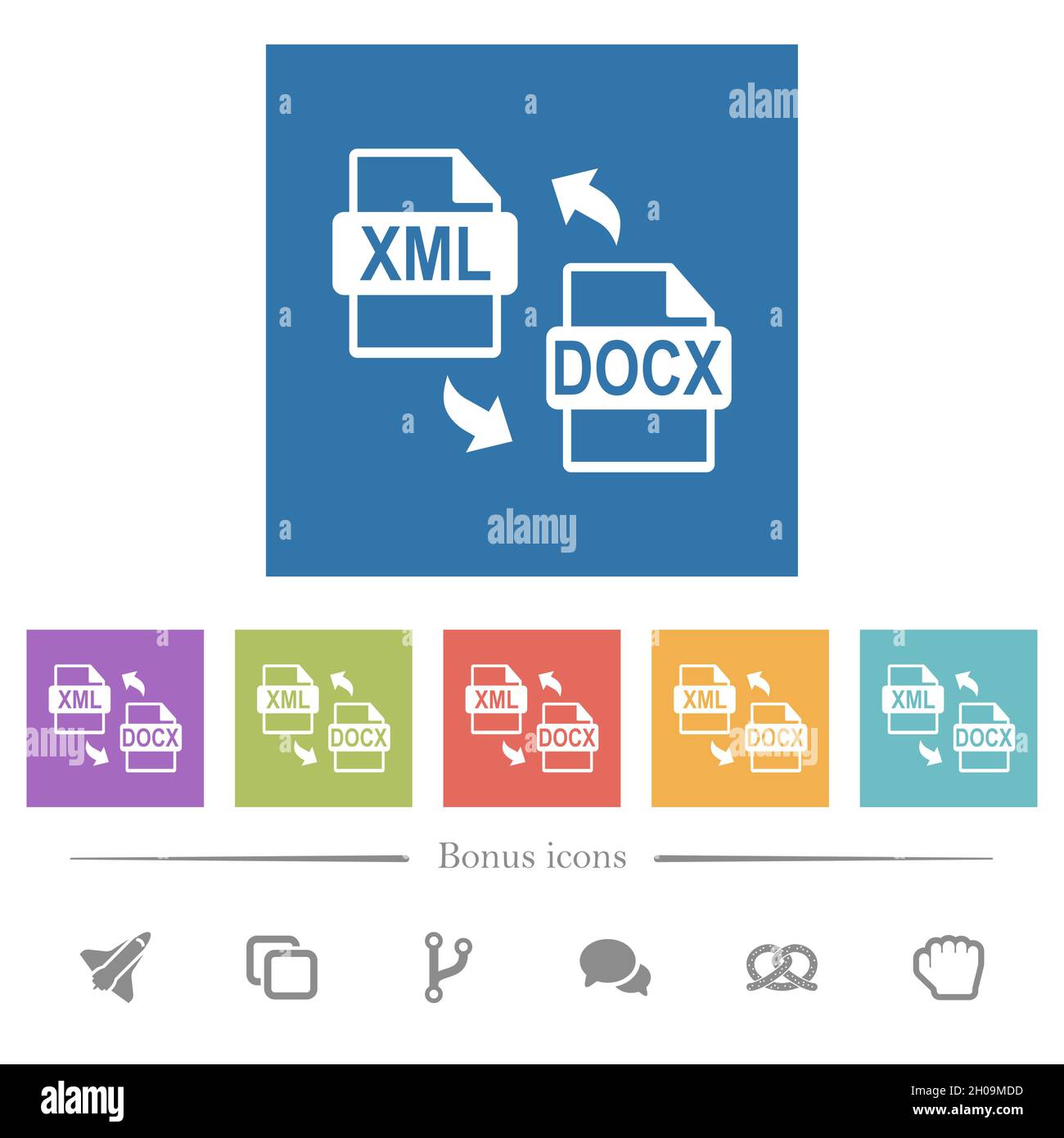 XML DOCX file conversion flat white icons in square backgrounds. 6 ...