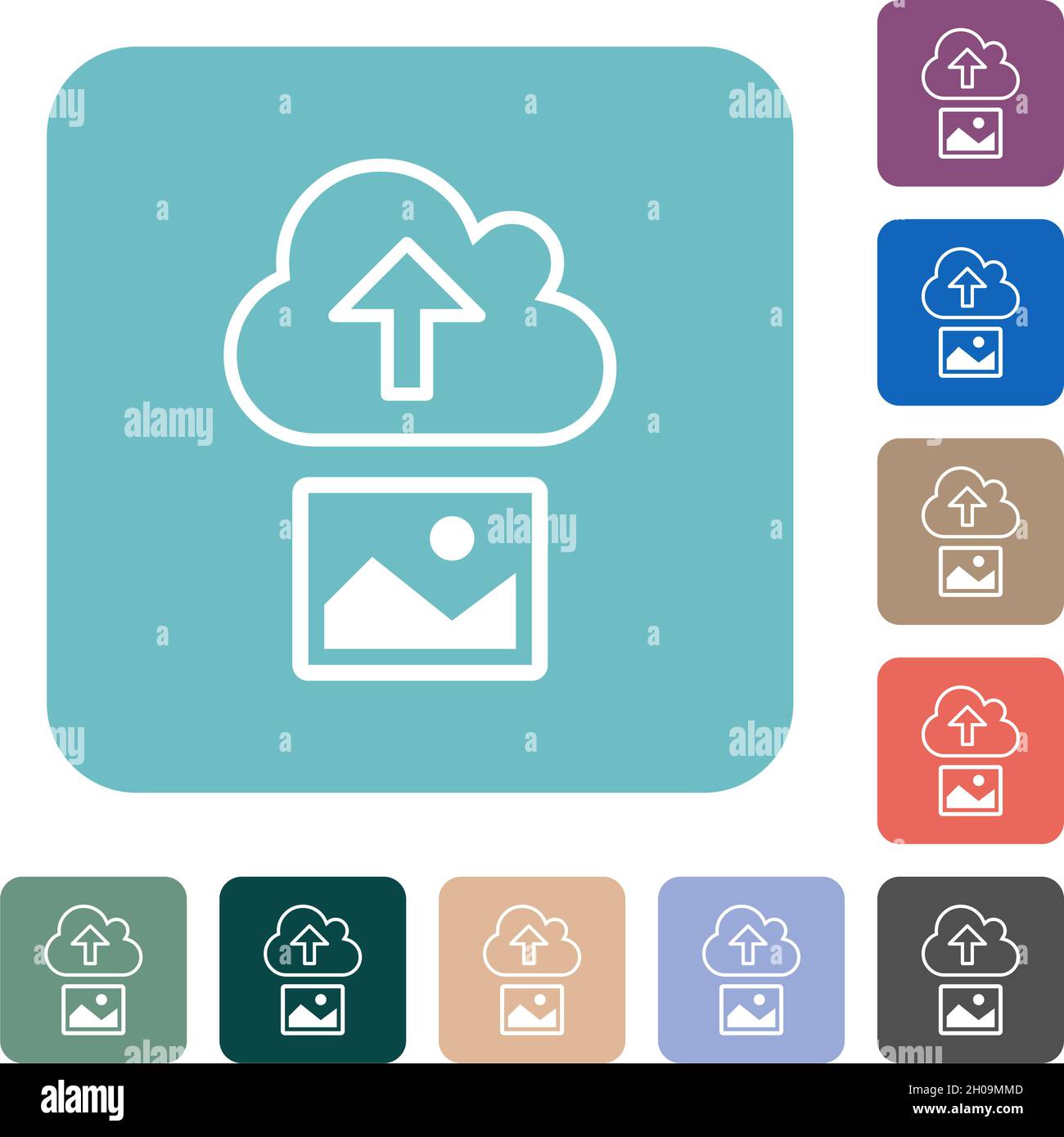 Upload image to cloud outline white flat icons on color rounded square ...