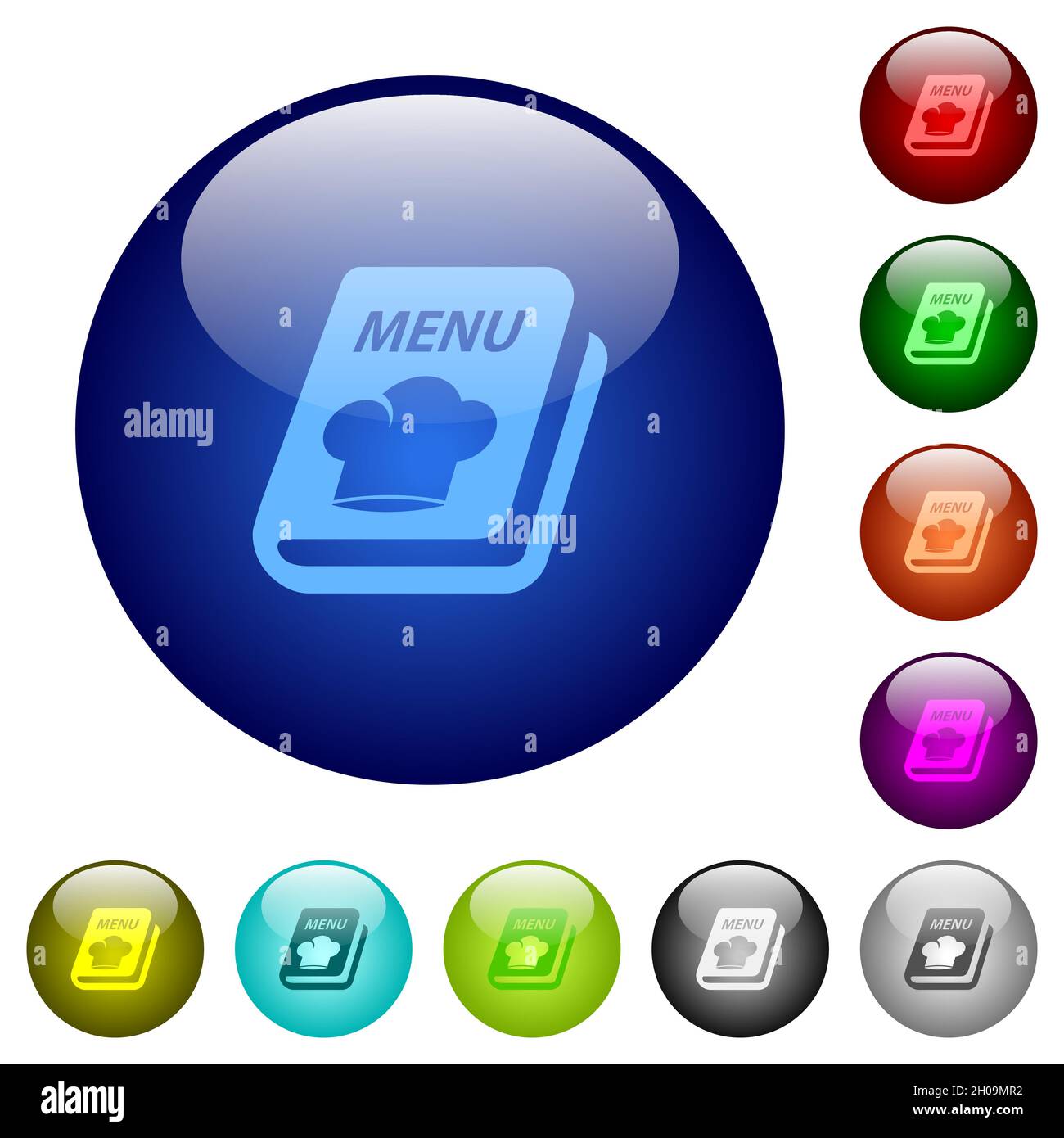 Menu with chef hat icons on round glass buttons in multiple colors ...