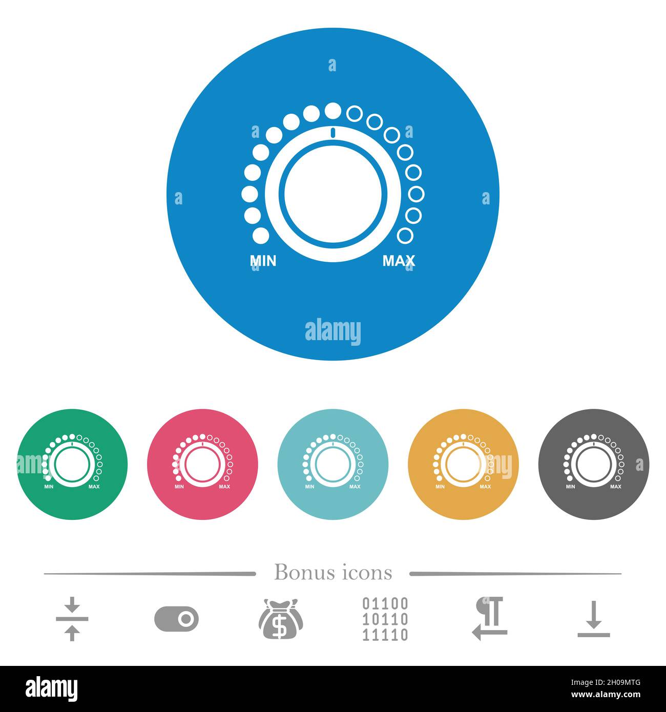 Volume control with captions flat white icons on round color ...