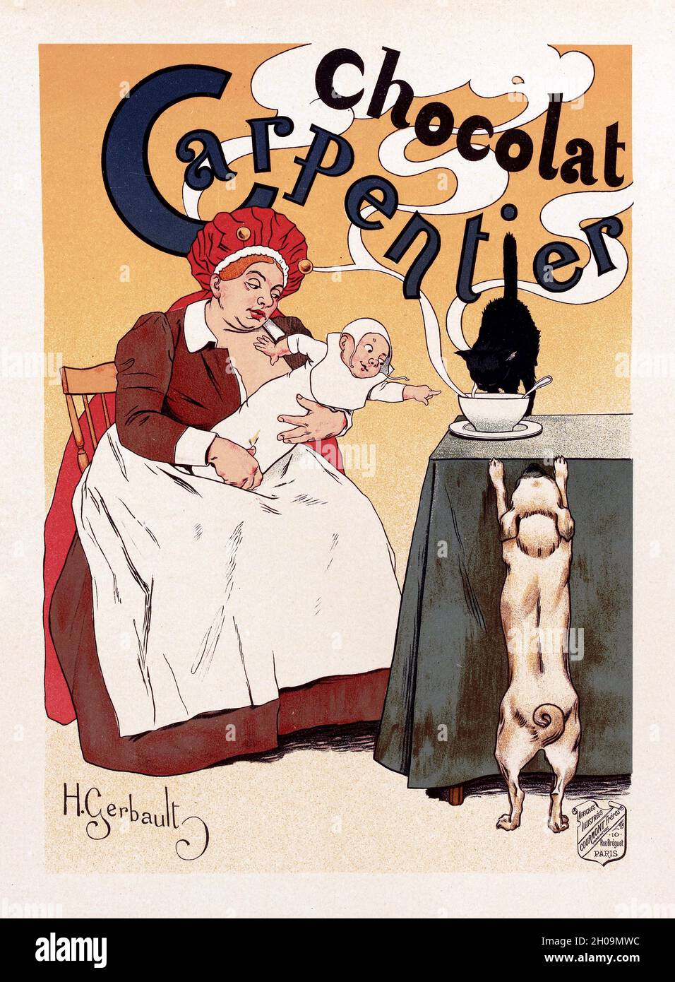 French Vintage Poster showing nanny holding a baby which points to a cup full of steaming hot chocolate on a table while a black cat and a white dog try to get a lick, advertising chocolat Carpentier,  by Henry Gerbault , 1895 Stock Photo