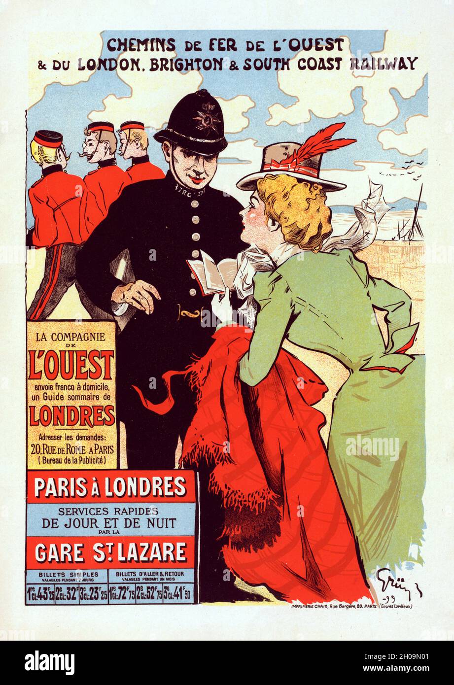 French Vintage Poster showing a french woman asking an english bobby for  directions advertising trains from Paris to London, by Jules Chéret , 1895  Stock Photo - Alamy