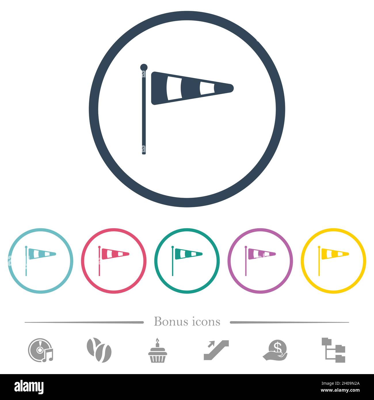 Windsock indicator solid flat color icons in round outlines. 6 bonus icons included. Stock Vector