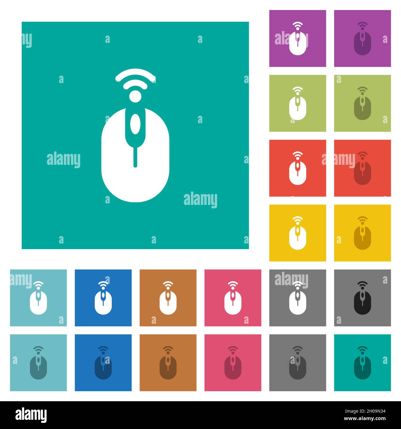 Wireless computer mouse multi colored flat icons on plain square backgrounds. Included white and darker icon variations for hover or active effects. Stock Vector