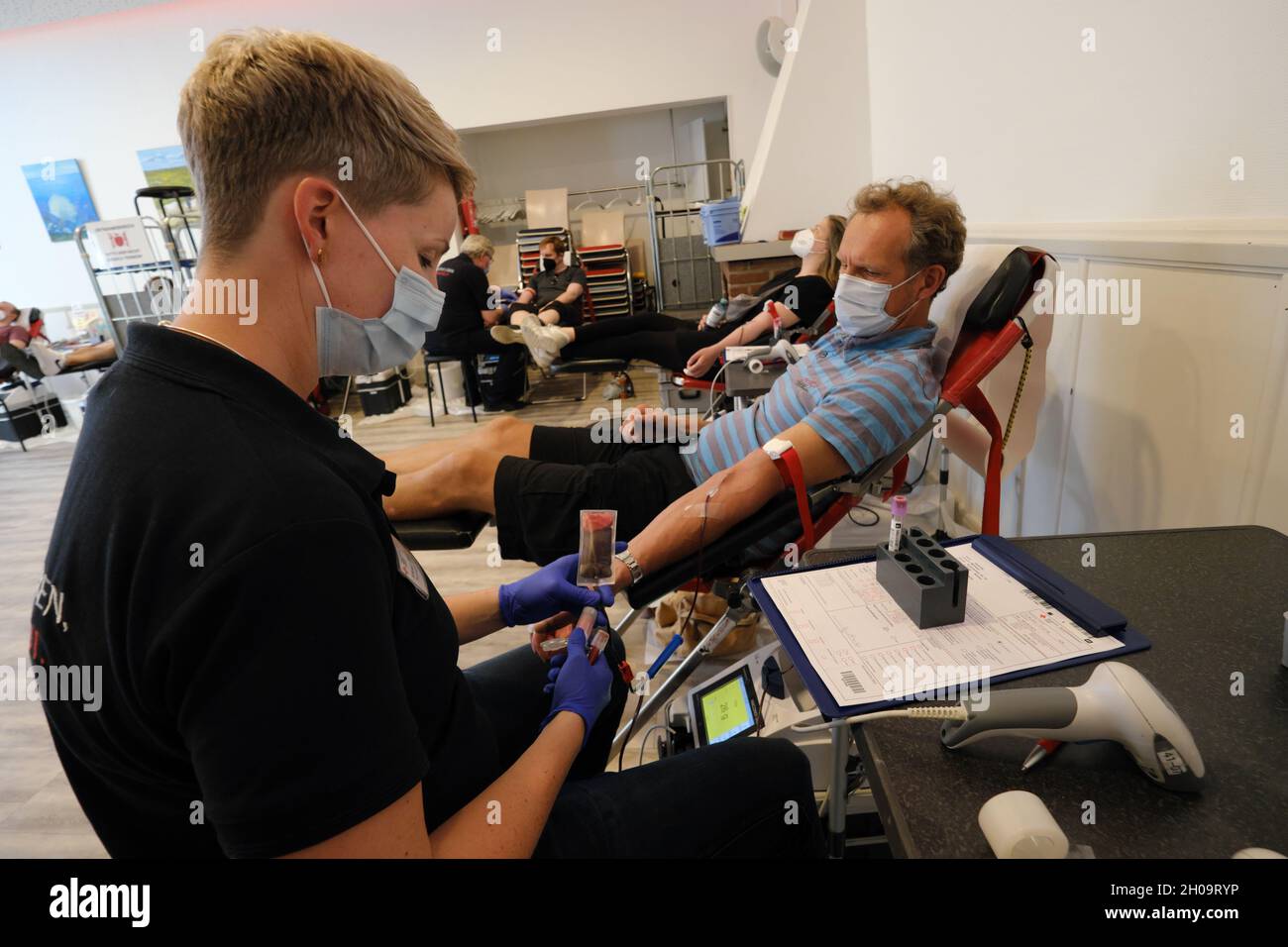 '14.06.2021, Germany, Bremen, Bremen - Blood donation for the DRK, employee lays the canula. 00A210614D131CAROEX.JPG [MODEL RELEASE: NO, PROPERTY RELE Stock Photo