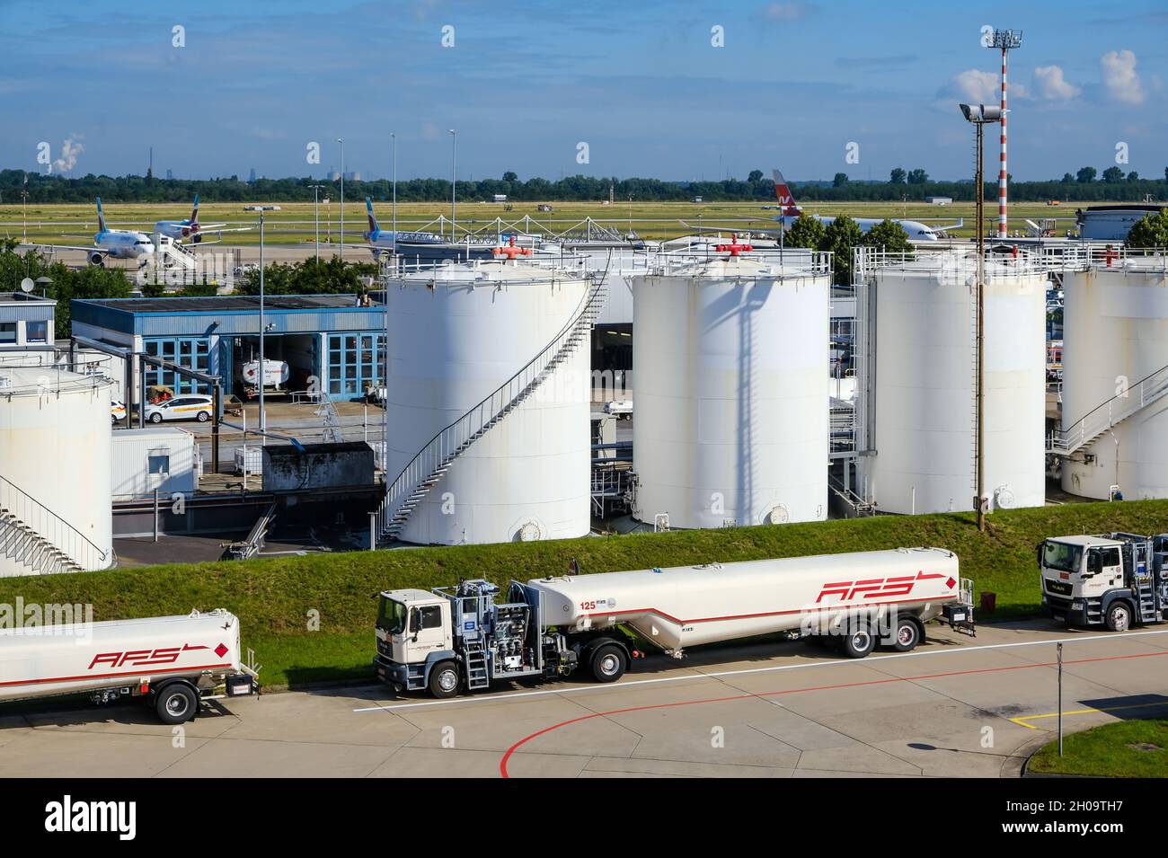 '02.07.2021, Germany, North Rhine-Westphalia, Duesseldorf - Aviation fuel storage tanks at Duesseldorf Airport, aircraft refueling and aviation fuel s Stock Photo