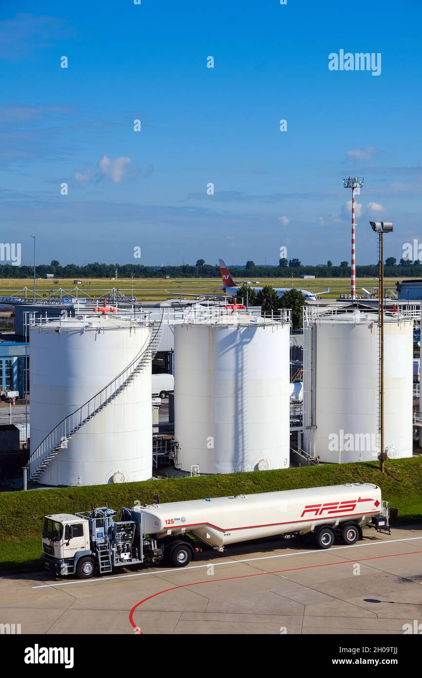 '02.07.2021, Germany, North Rhine-Westphalia, Duesseldorf - Aviation fuel storage tanks at Duesseldorf airport, aircraft refueling and aviation fuel s Stock Photo