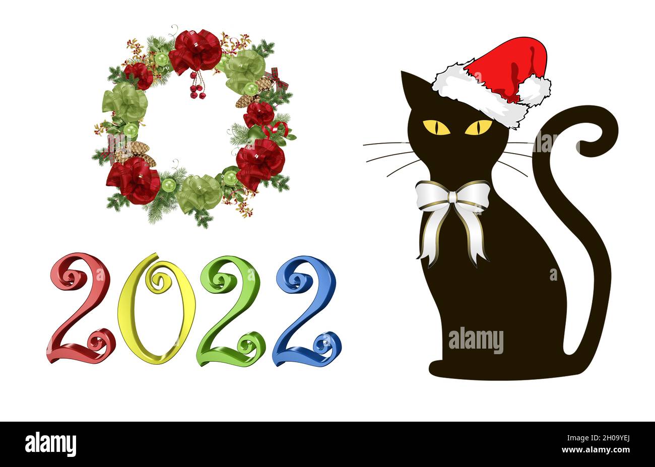 Happy New Year 2022, numbers,black cat, christmas, new year cat, santa,  New Year’s card Stock Photo