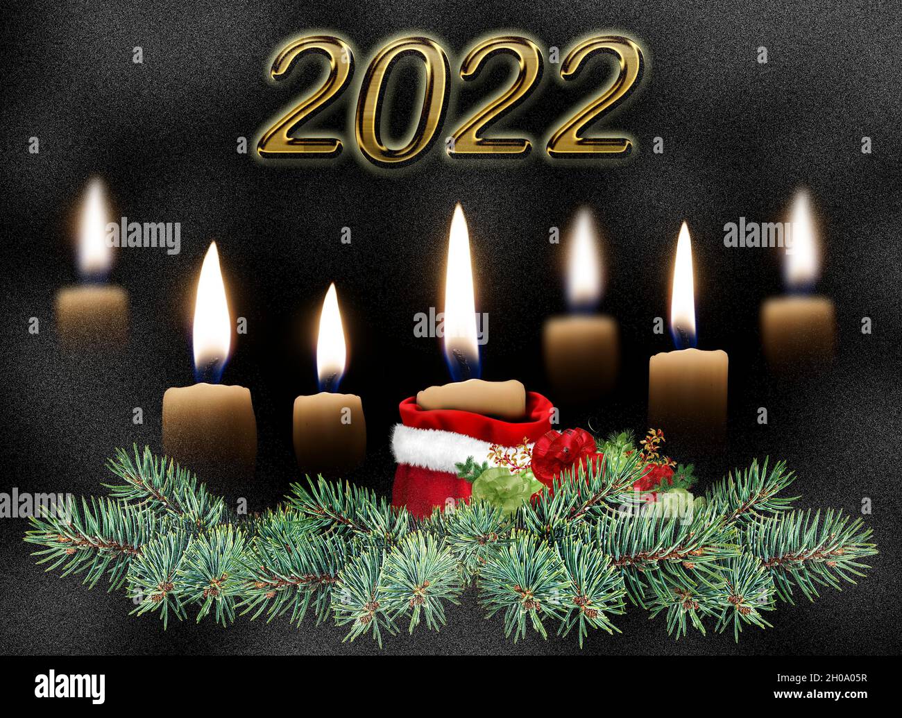 Happy New Year , numbers,burning candles, Christmas tree branch, gift, night with candlelight Stock Photo