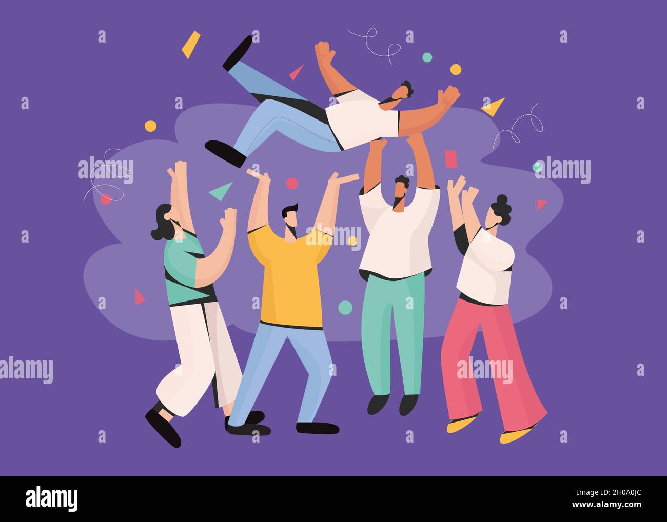 Diverse friends have fun celebrate birthday throw person up in air