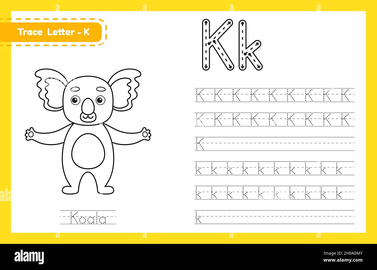 trace letter k uppercase and lowercase alphabet tracing practice preschool worksheet for kids learning english with cute cartoon animal coloring boo stock vector image art alamy