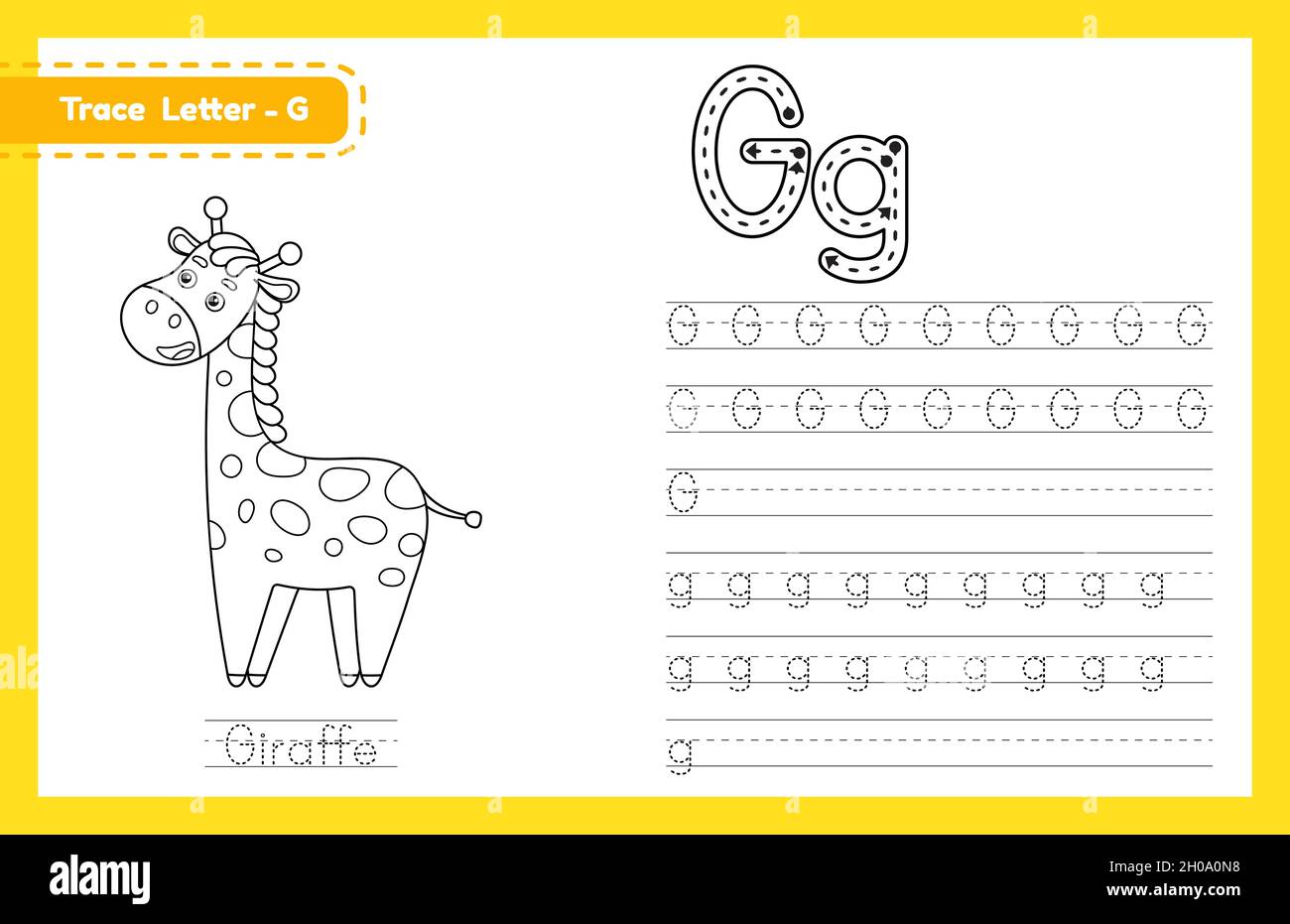 trace letter g uppercase and lowercase alphabet tracing practice preschool worksheet for kids learning english with cute cartoon animal coloring boo stock vector image art alamy
