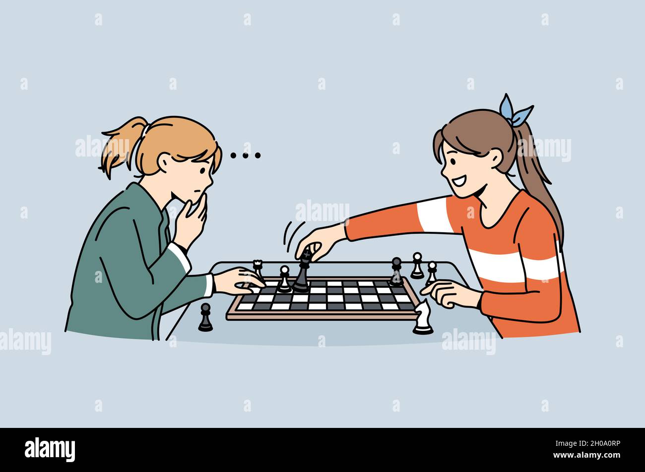 Intellectual game and playing chess concept. Two small girls sitting thinking of strategy playing chess feeling clever vector illustration  Stock Vector