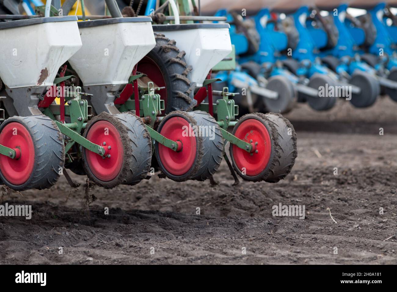 Rear view of tractors with seeder driving on field in spring Stock Photo