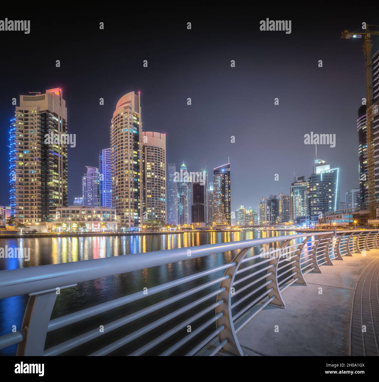 Night Time Panoramic View Of Dubai Marina Bay And City Center, UAE ...