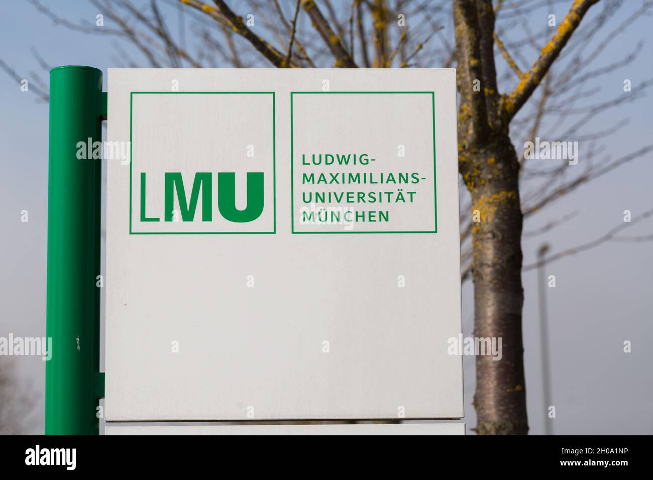 Martinsried, Germany - Mar 9, 2021: Sign at LMU - Ludwig-Maximilians-Universität München. Famous university located in Munich, Germany. Stock Photo
