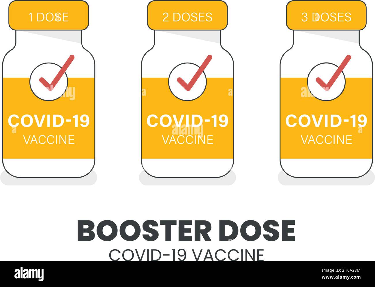 Illustrator vector of Vaccine bottle with Booster Dose COVID-19 Text. Third booster shots vaccine after primer dose. Booster injection. Stock Vector