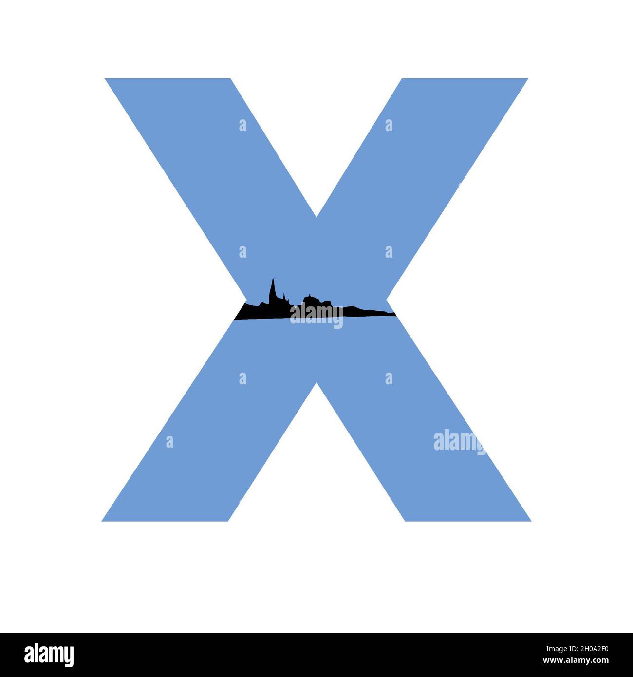 letter X of the alphabet made with a blue background and a silhouette of a village, isolated on a white background Stock Photo