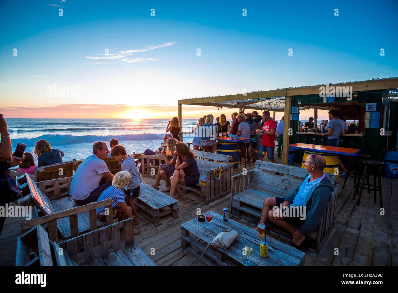 Biscarrosse Plage (south western France): sunset over the sea viewed from the terrace of the bar and restaurant 'La Playa” Stock Photo