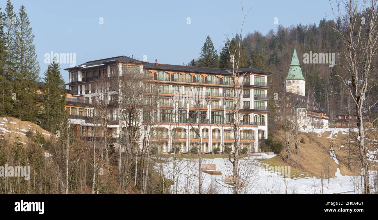 Elmau, Germany - Feb 24, 2021: View on Schloss Elmau. Built between 1914 and 1916, nowadays a luxury hotel. Stock Photo