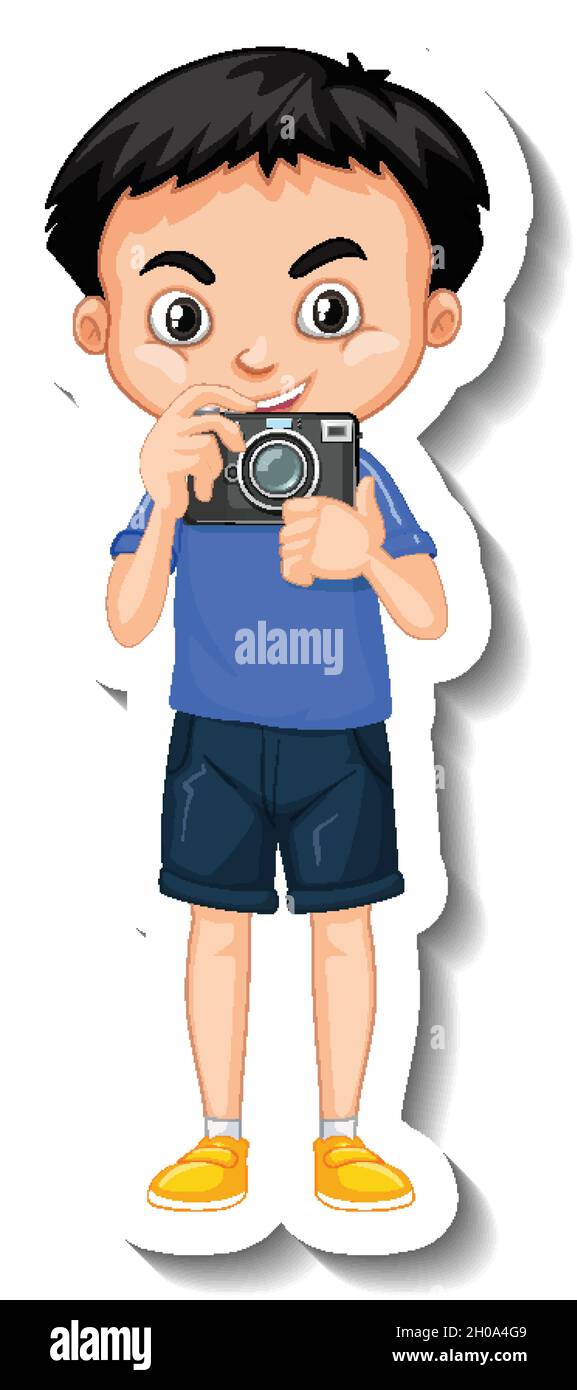 Boy holding camera cartoon character sticker illustration Stock Vector ...