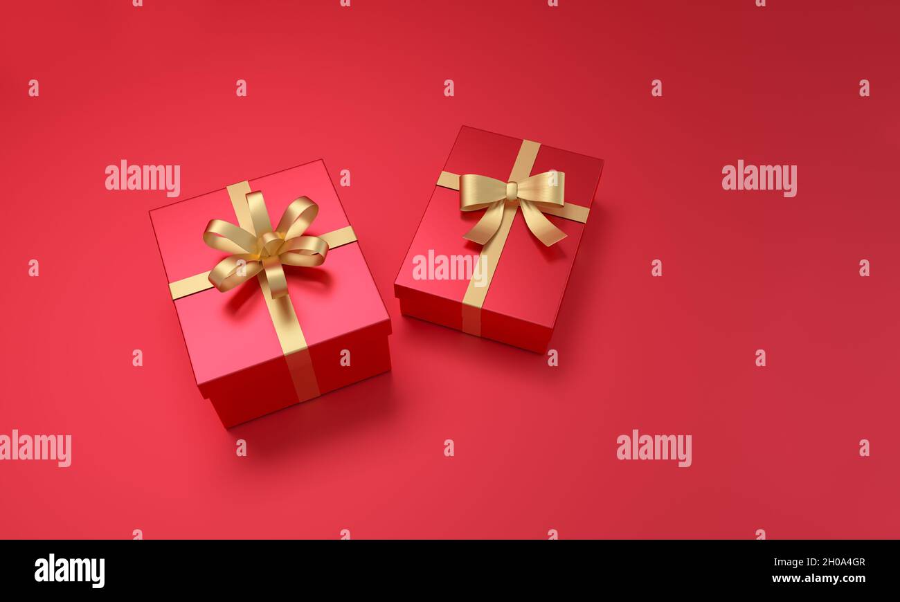 Gifts box with golden ribbon on red background. 3D Illustration. Stock Photo