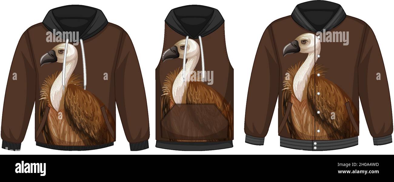 Set of different jackets with vulture template illustration Stock Vector