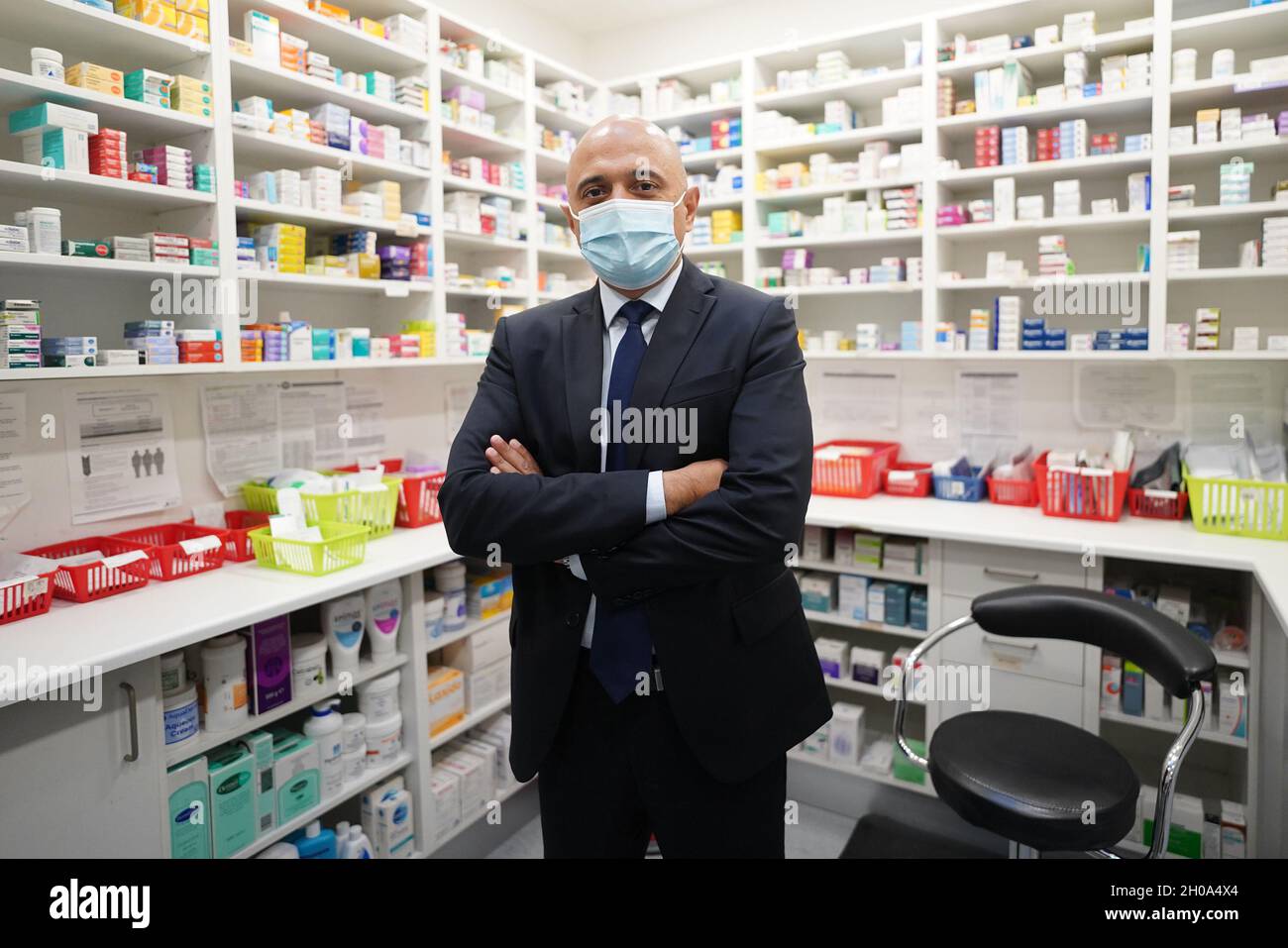 Health Secretary Sajid Javid during a visit to a pharmacy in Westminster, London, to receive his flu vaccine. Picture date: Tuesday October 12, 2021. Stock Photo
