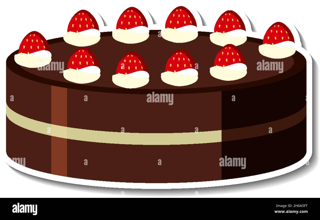 Chocolate cake with strawberry sticker isolated on white background ...