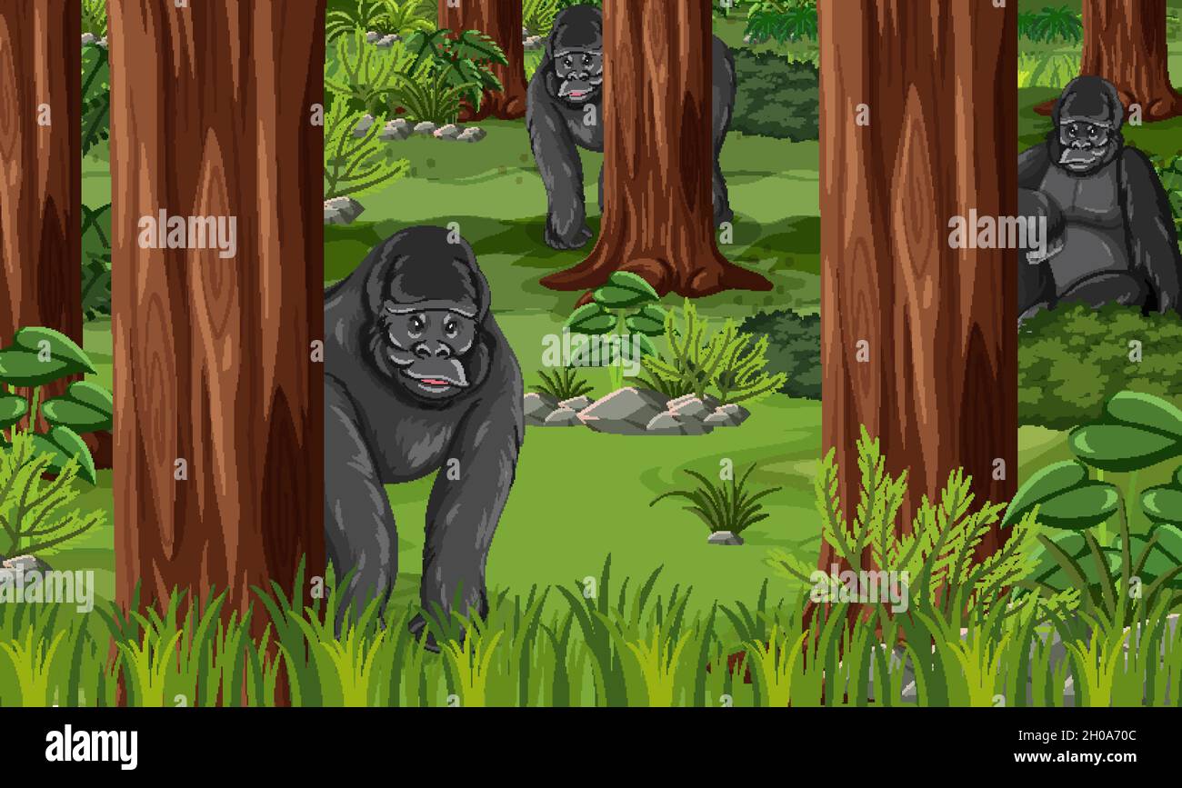 Wild animals in forest landscape background illustration Stock Vector ...