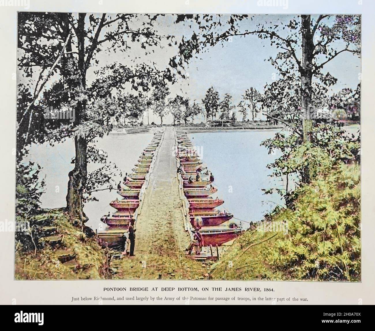 Machine colorised PONTOON BRIDGE AT DEEP BOTTOM, ON THE JAMES RIVER, 1864 from The American Civil War book and Grant album : 'art immortelles' : a portfolio of half-tone reproductions from rare and costly photographs designed to perpetuate the memory of General Ulysses S. Grant, depicting scenes and incidents in connection with the Civil War Published  in Boston and New York by W. H. Allen in 1894 Stock Photo