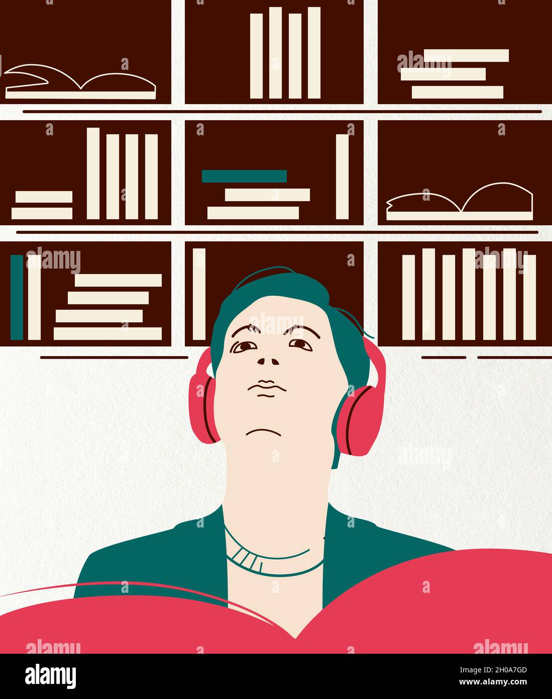 Flat illustration of how a young person  in headphones listens to an e-book or nonfiction podcast in book library with phone app Stock Photo