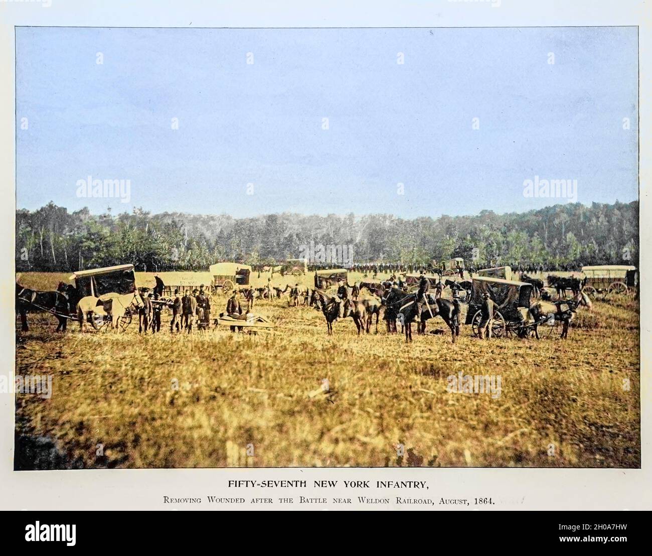 FIFTY-5EVENTH NEW YORK INFANTRY, Removing Wounded after the Battle near Weldon Railroad, August, 1864, [Machine Colorised] from The American Civil War book and Grant album : 'art immortelles' : a portfolio of half-tone reproductions from rare and costly photographs designed to perpetuate the memory of General Ulysses S. Grant, depicting scenes and incidents in connection with the Civil War Published  in Boston and New York by W. H. Allen in 1894 Stock Photo