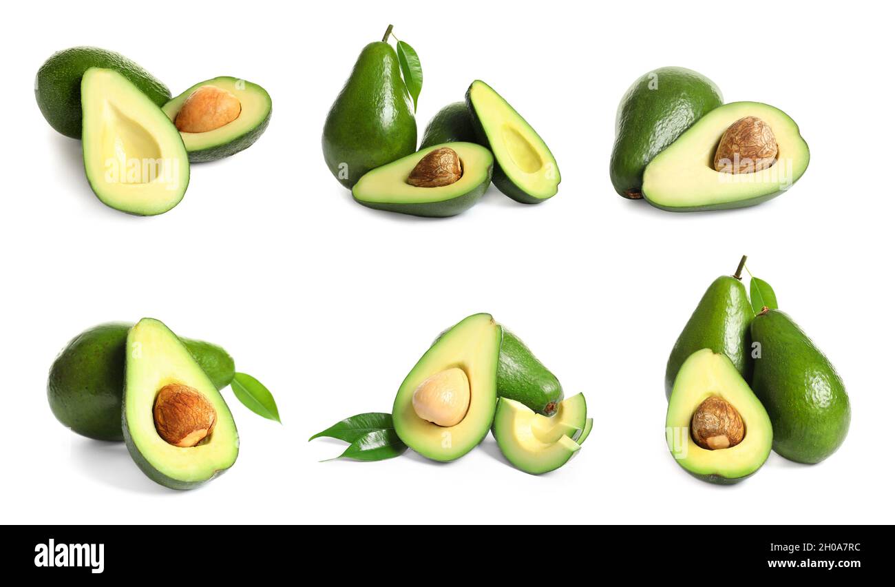 Set with whole and sliced avocados on white background Stock Photo - Alamy