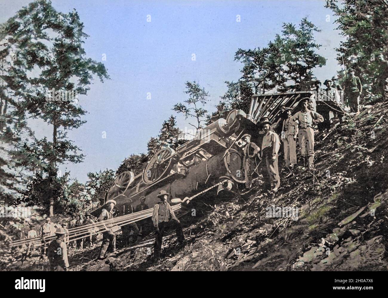 TRAIN WRECKED BY CONFEDERATE TROOPS On the Orange & Alexandria Railroad, Virginia, 1S64. [Machine Colorised] from The American Civil War book and Grant album : 'art immortelles' : a portfolio of half-tone reproductions from rare and costly photographs designed to perpetuate the memory of General Ulysses S. Grant, depicting scenes and incidents in connection with the Civil War Published  in Boston and New York by W. H. Allen in 1894 Stock Photo