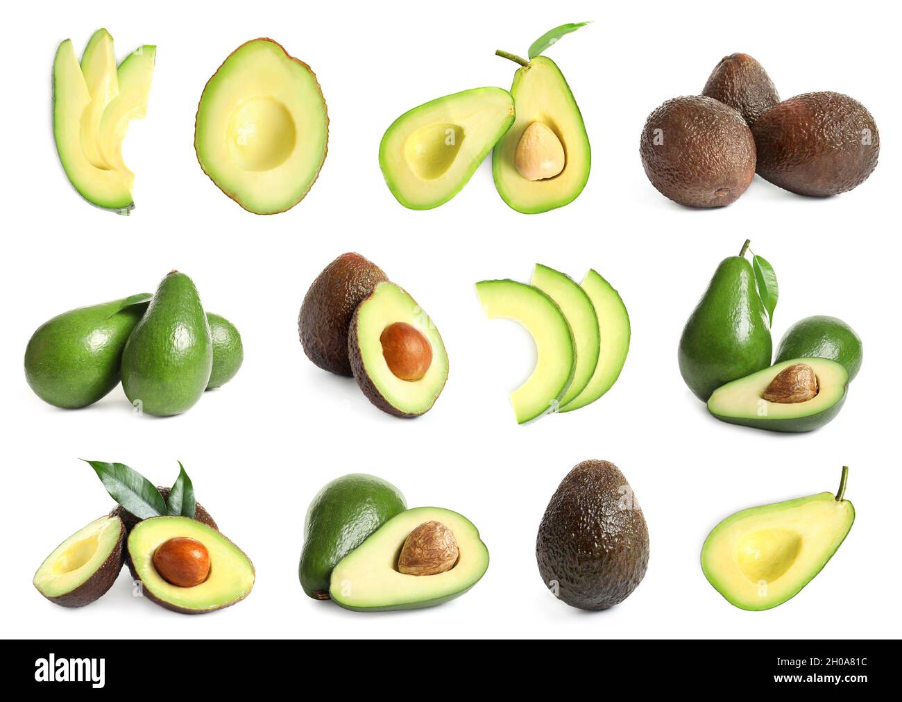 Set with whole and sliced avocados on white background Stock Photo - Alamy